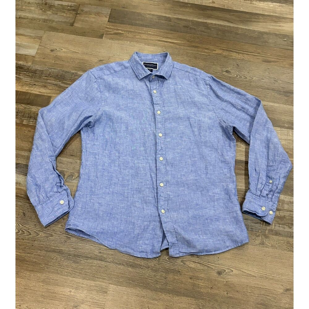 Charles Tyrwhitt Mens Button Down Shirt M Slim Fit Blue Linen Feel No Fabric Tag